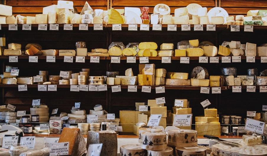 A wall of shelves behind a countertop, both full of a large selection of cheeses.