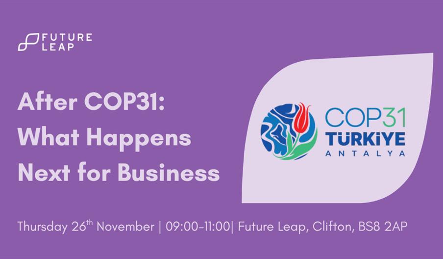 Purple event graphic promoting a business discussion on the outcomes of COP31, featuring the COP31 Türkiye Antalya logo.