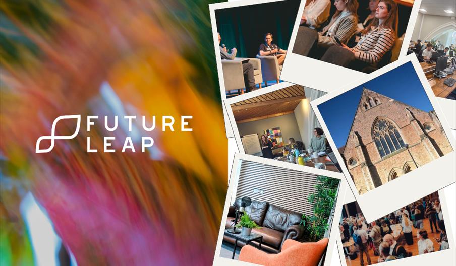 "Future Leap" logo in front of a multi-coloured abstract background, next to 7 overlapped polaroid-style images of events, a lounge area and chapel