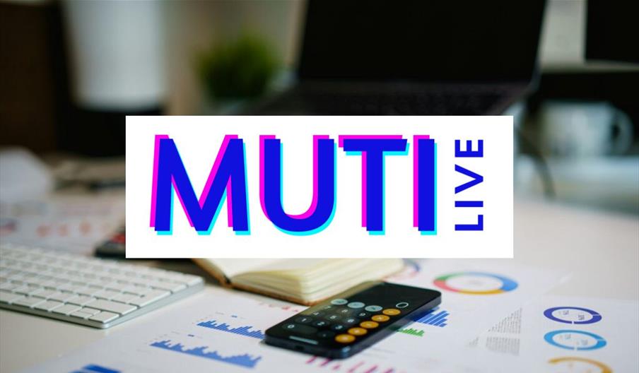 A phone with a calculator app on screen, placed on financial documents alongside a notebook and laptop. Image is set behind the "MUTI Live" logo in a