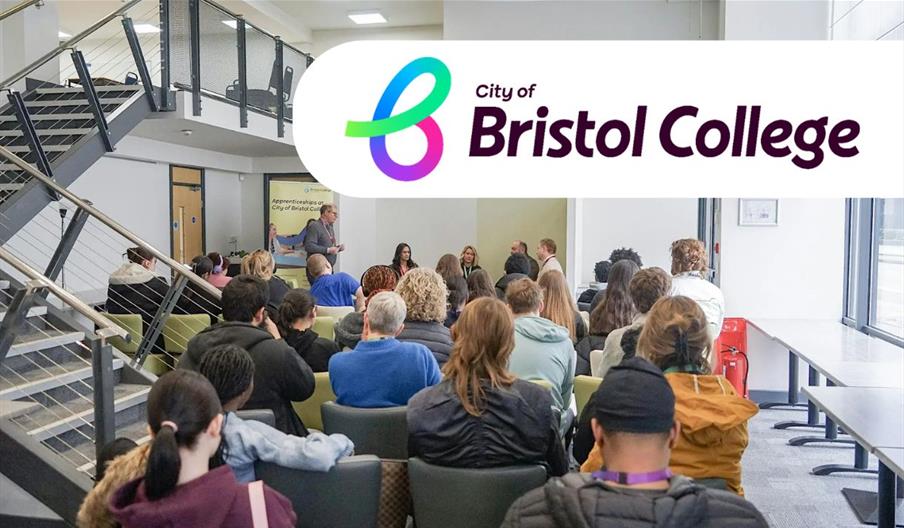 A group of seminar attendees facing a man giving a talk at City of Bristol College. The "City of Bristol College" logo is displayed at the top of the