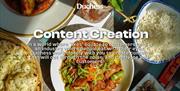 An assortment of asian food, with white text in front describing Duchess' Content Creation services.