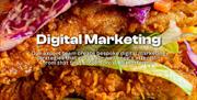 Close up image of a chicken burger, with white text in front describing Duchess' digital marketing services.