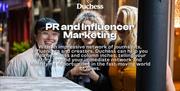 Three women smiling at the camera, with white text in front describing Duchess' PR and Influencer Marketing services.