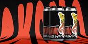 Three cans of IPA with black and red graphics in the background