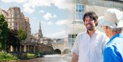 Jules talking with tourists photoshopped alongside an image of Pulteney Bridge