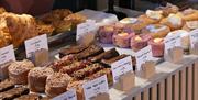 Cakes on a bakery counter