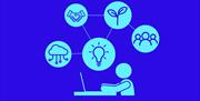 An icon of a person working at a laptop, surrounded by icons representing sustainability, community and technology.