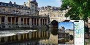 Pulteney Bridge and a phone with an app open
